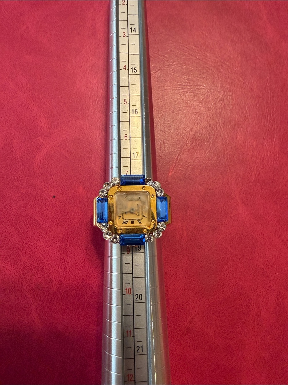 Gold-Tone Vintage Cocktail Watch Face Ring with Blue Stones